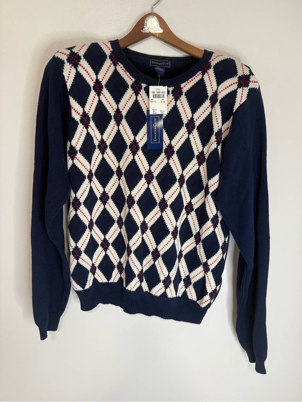 Charter Club NWT Navy Argyle Crewneck Sweater in size medium